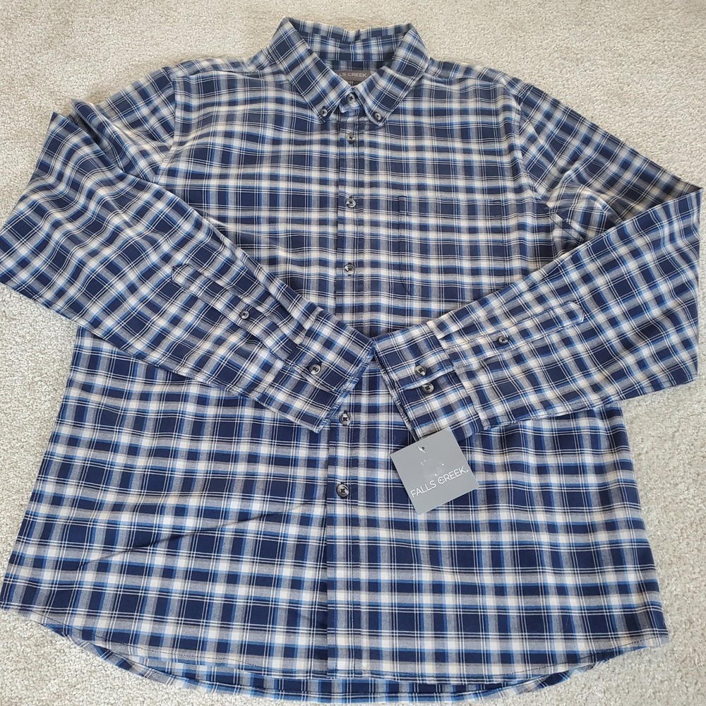 Falls Creek Button Down Shirt Men's Large Blue Plaid No Tuck Long Sleeve Stretch